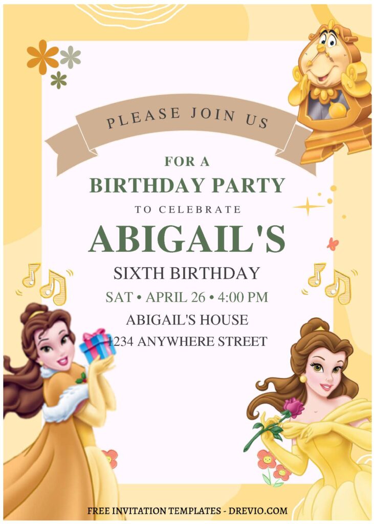 (Free Editable PDF) Simply Cute Belle Disney Birthday Invitation Templates A