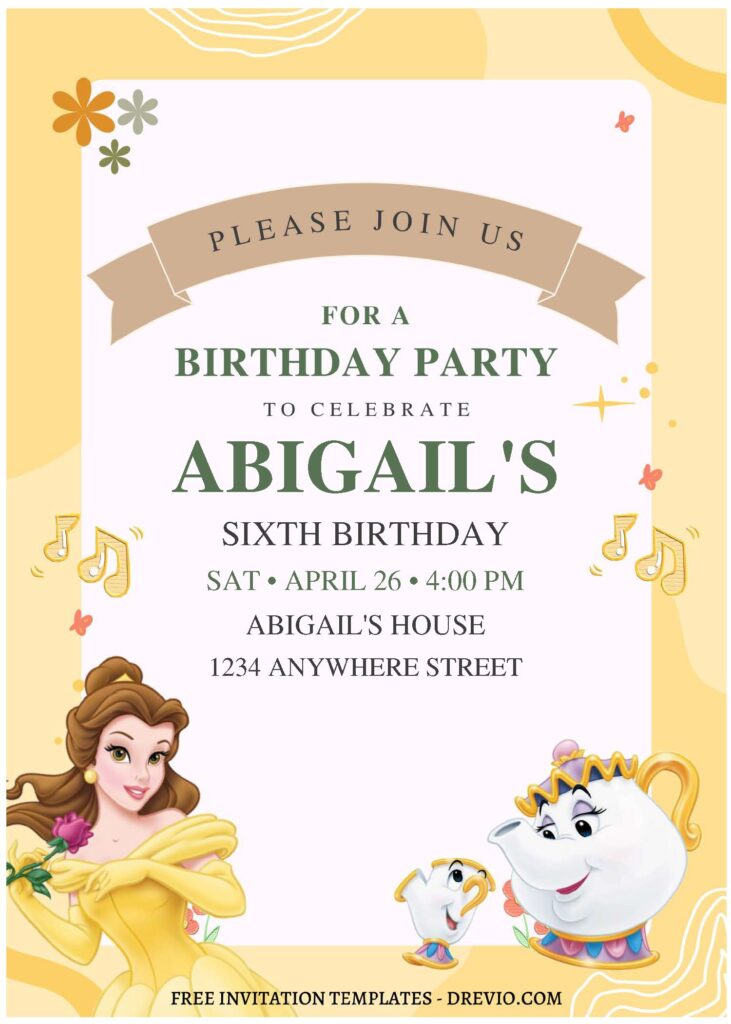 (Free Editable PDF) Simply Cute Belle Disney Birthday Invitation Templates B