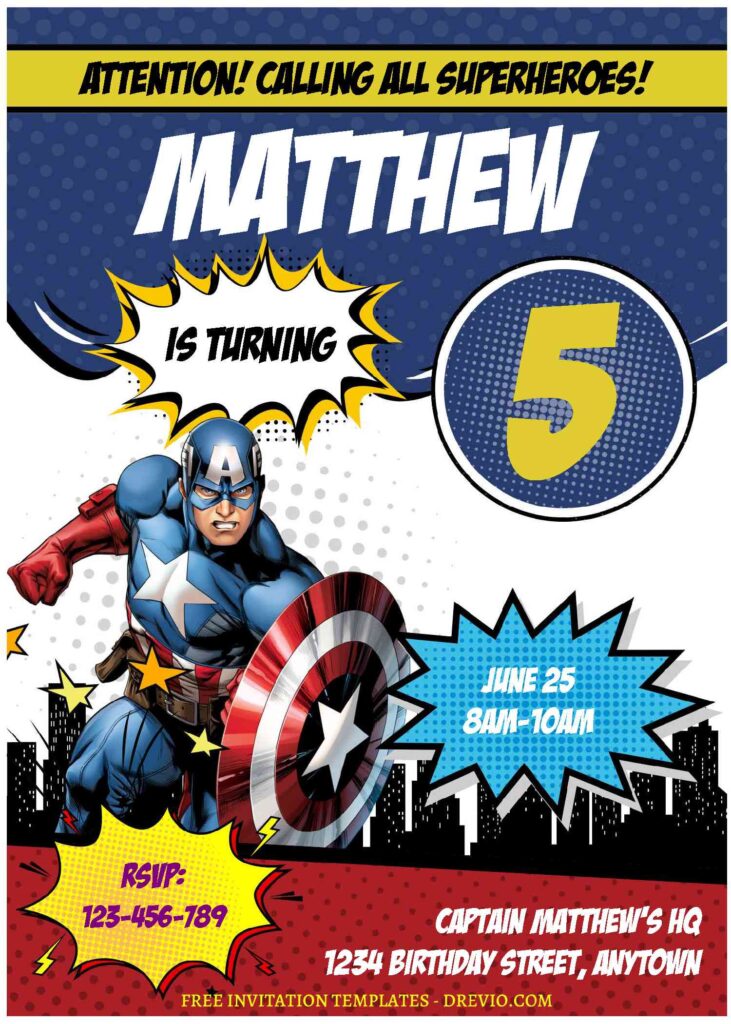 (Free Editable PDF) Comic Style Captain America Birthday Invitation Templates D