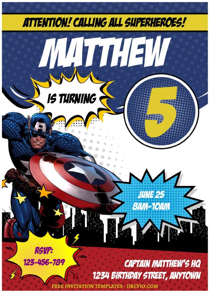 (Free Editable PDF) Comic Style Captain America Birthday Invitation Templates E
