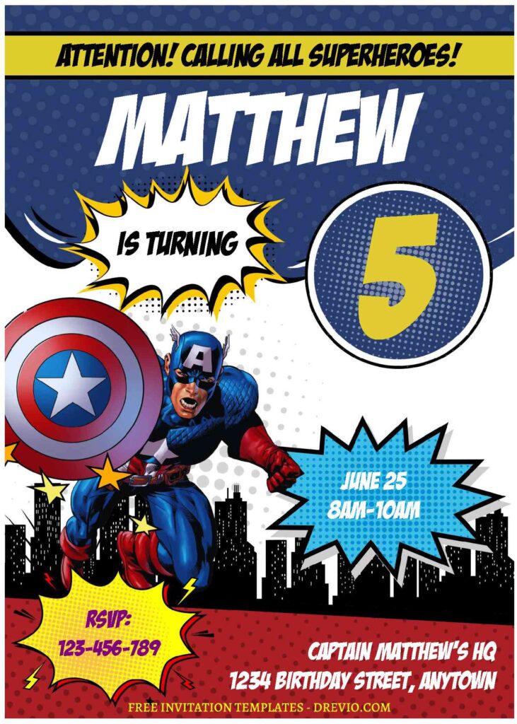 (Free Editable PDF) Comic Style Captain America Birthday Invitation Templates F