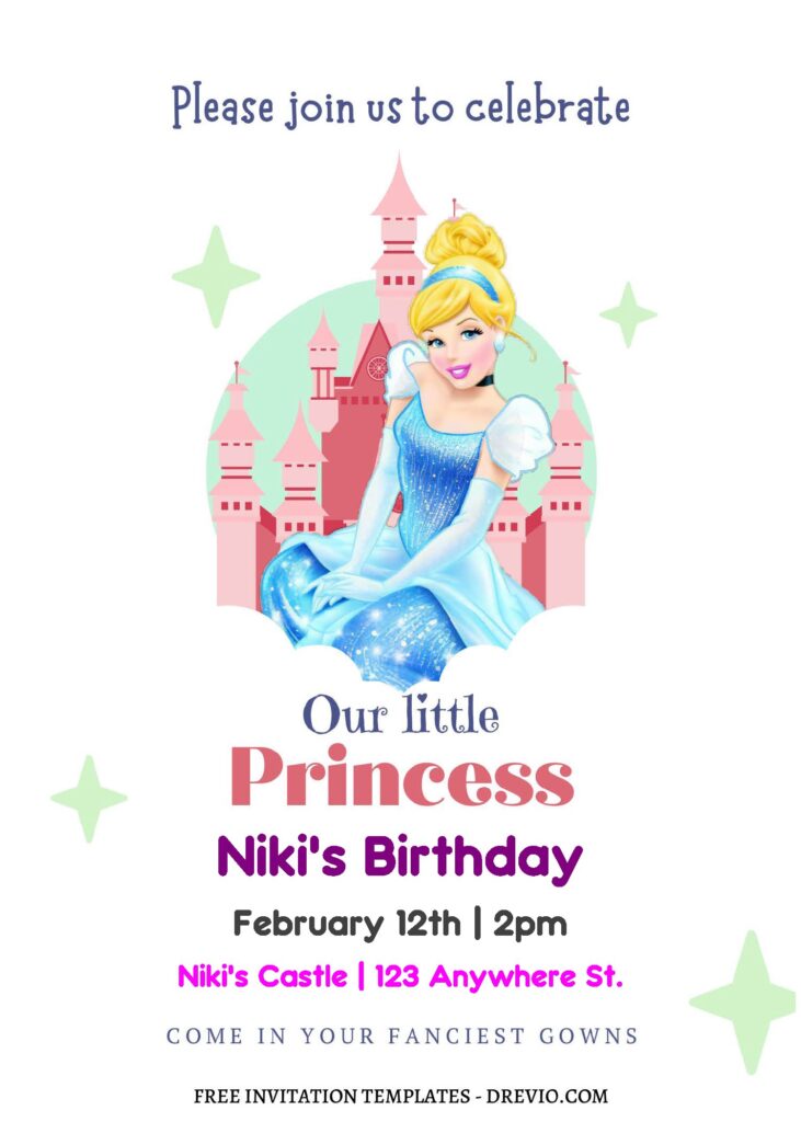 (Free Editable PDF) Lovely Little Princess Cinderella Birthday Invitation Templates B