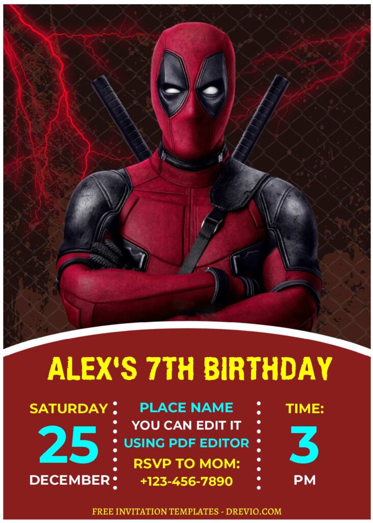 (Free Editable PDF) Quirky Fun Deadpool Birthday Invitation Templates J