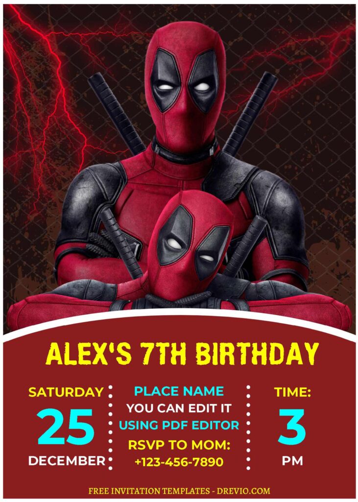 (Free Editable PDF) Quirky Fun Deadpool Birthday Invitation Templates A