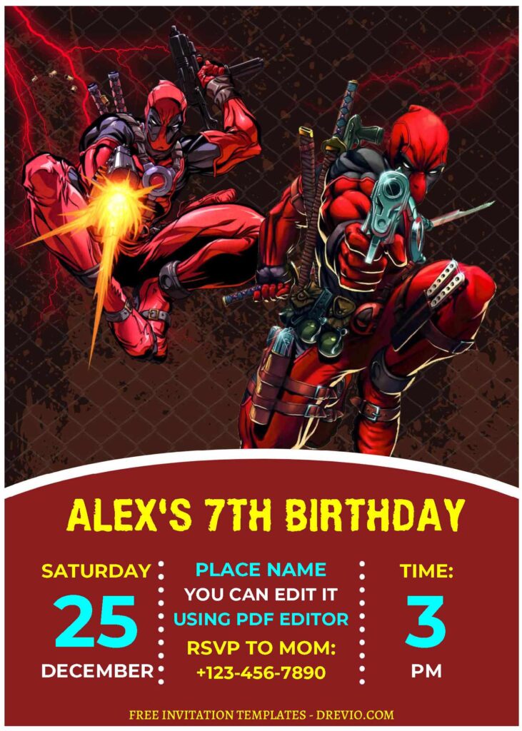 (Free Editable PDF) Quirky Fun Deadpool Birthday Invitation Templates B