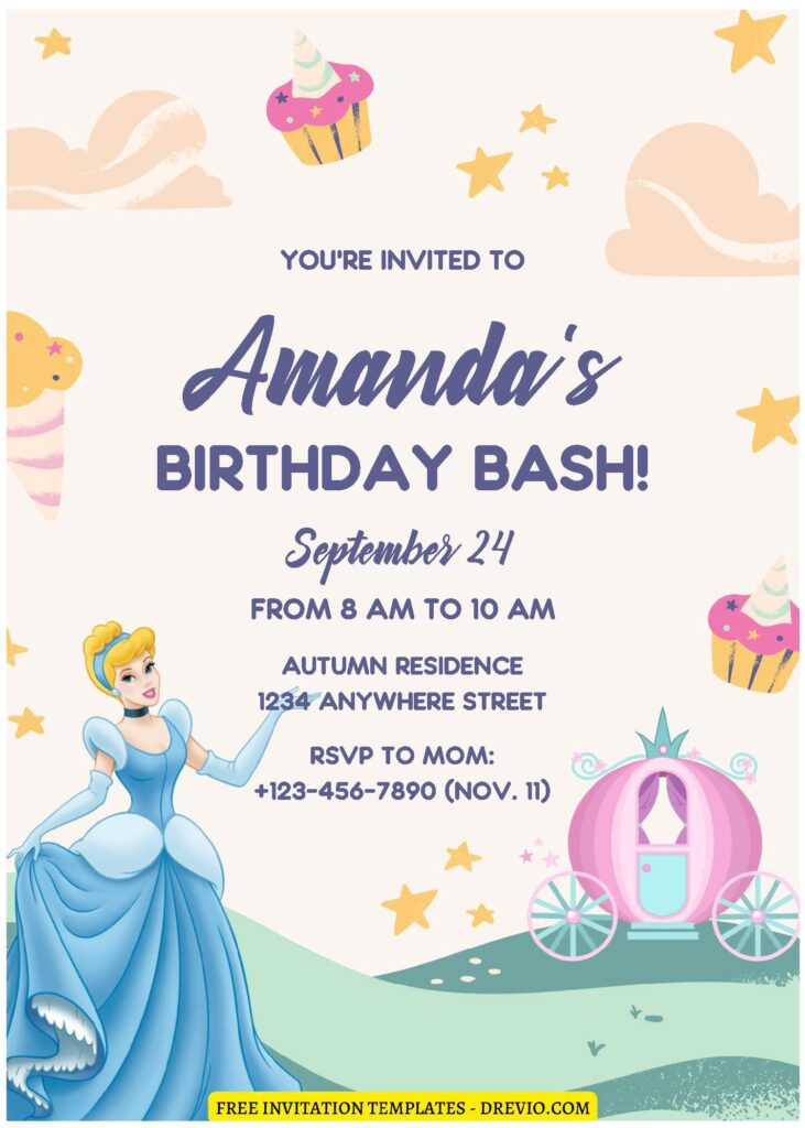 (Free Editable PDF) Royal Revelry Cinderella Birthday Invitation Templates A