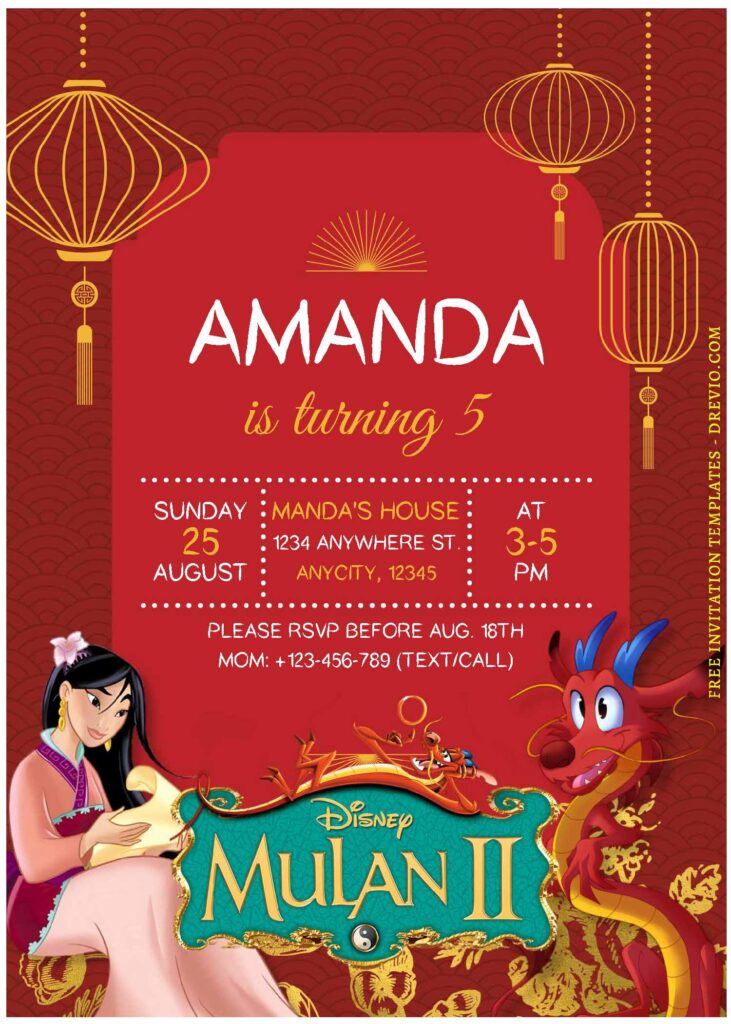 (Free Editable PDF) Festive Disney Mulan Birthday Invitation Templates D
