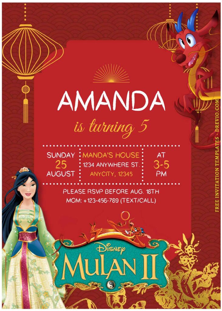 (Free Editable PDF) Festive Disney Mulan Birthday Invitation Templates E