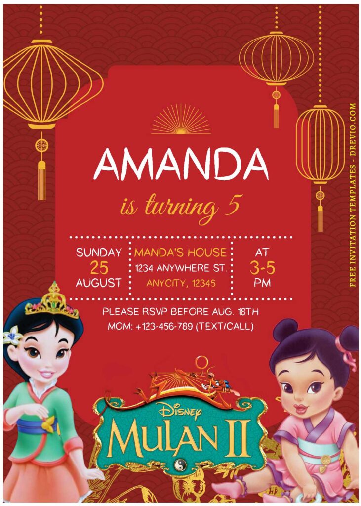 (Free Editable PDF) Festive Disney Mulan Birthday Invitation Templates F