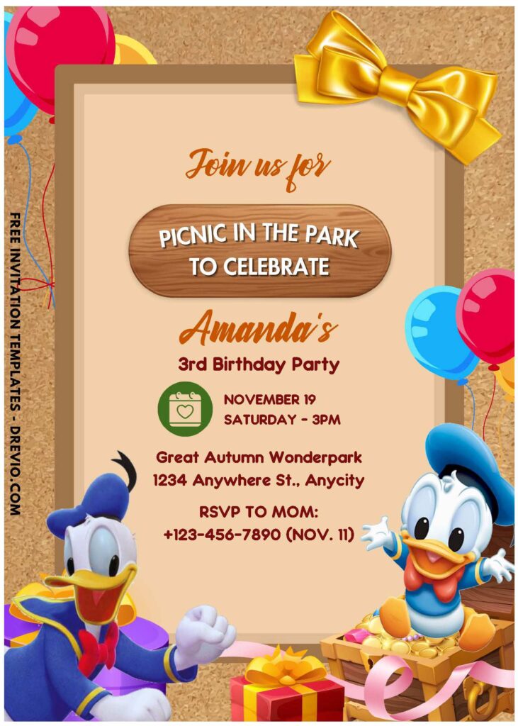 (Free Editable PDF) Donald Duck Picnic Party Birthday Invitation Templates J