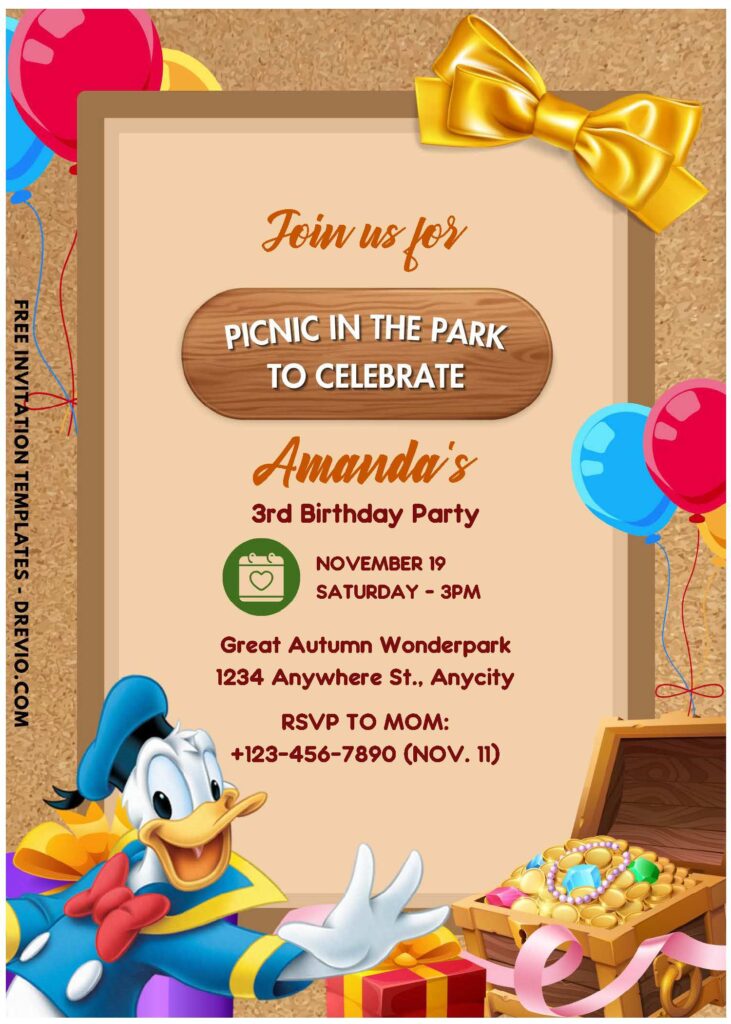 (Free Editable PDF) Donald Duck Picnic Party Birthday Invitation Templates A