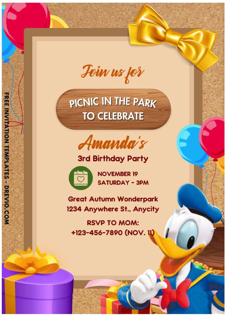 (Free Editable PDF) Donald Duck Picnic Party Birthday Invitation Templates B