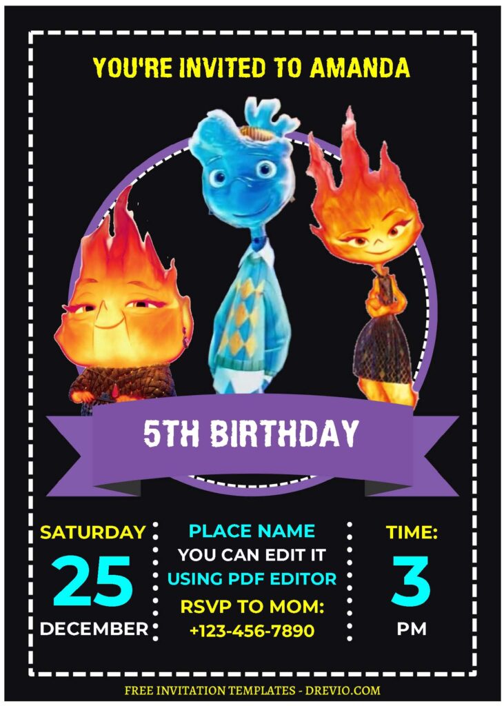 (Free Editable PDF) Colorful Chalkboard Disney Elemental Birthday Invitation Templates D