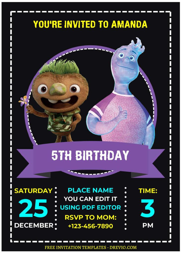 (Free Editable PDF) Colorful Chalkboard Disney Elemental Birthday Invitation Templates E