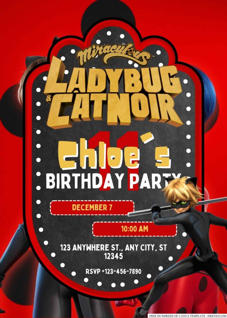 Miraculous Ladybug & Cat Noir Birthday Invitation