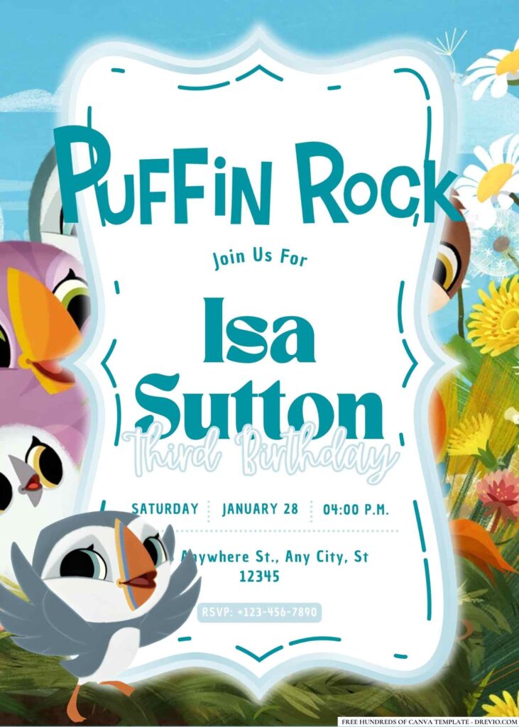 FREE Editable Puffin Rock and the New Friends Birthday Invitation