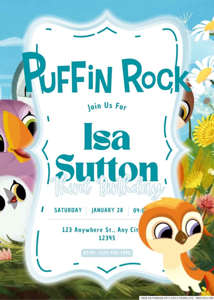 FREE Editable Puffin Rock and the New Friends Birthday Invitation