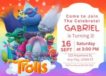 FREE Rainbow Party Trolls Birthday Invitation Templates