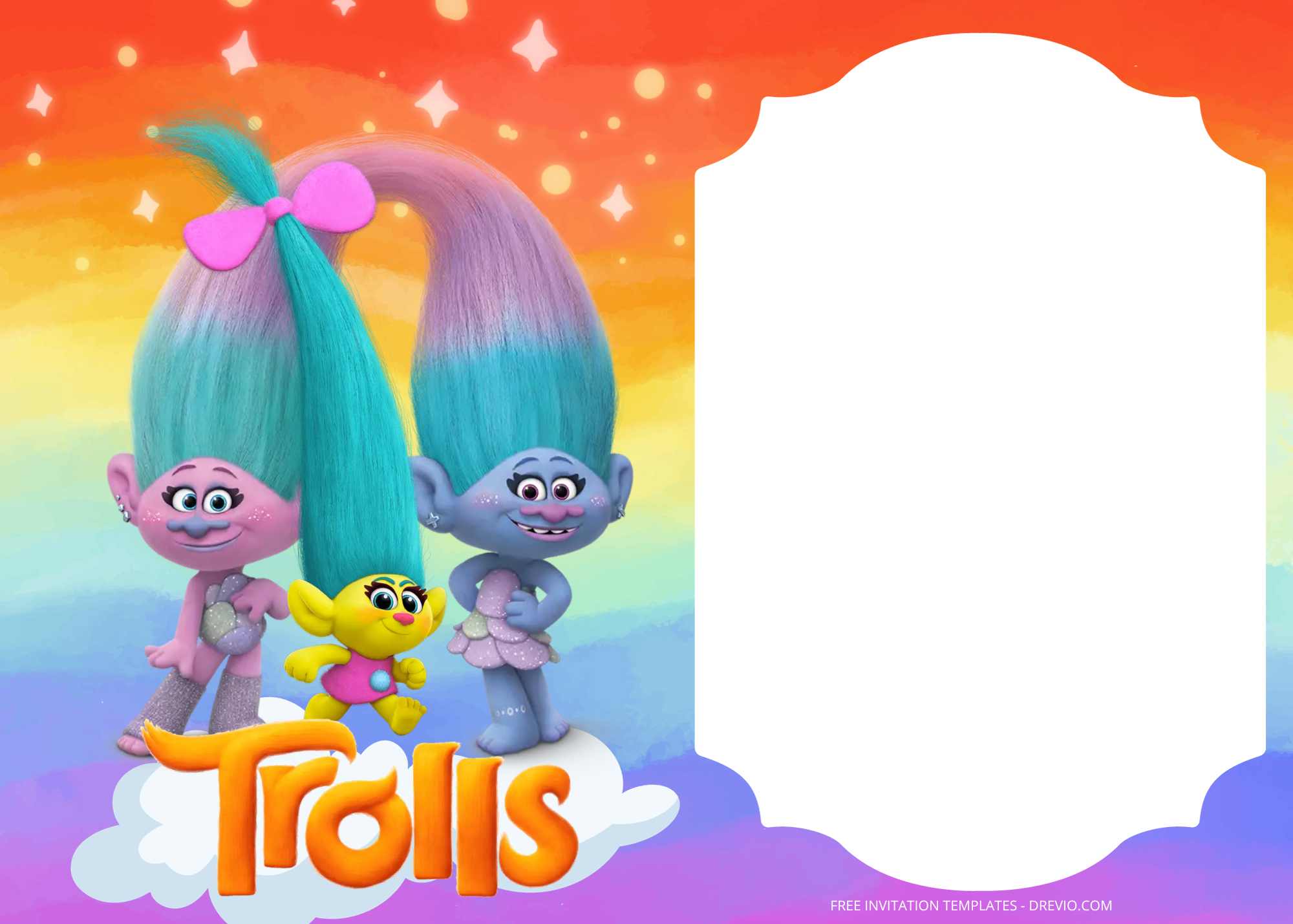 FREE Rainbow Party Trolls Birthday Invitation Templates