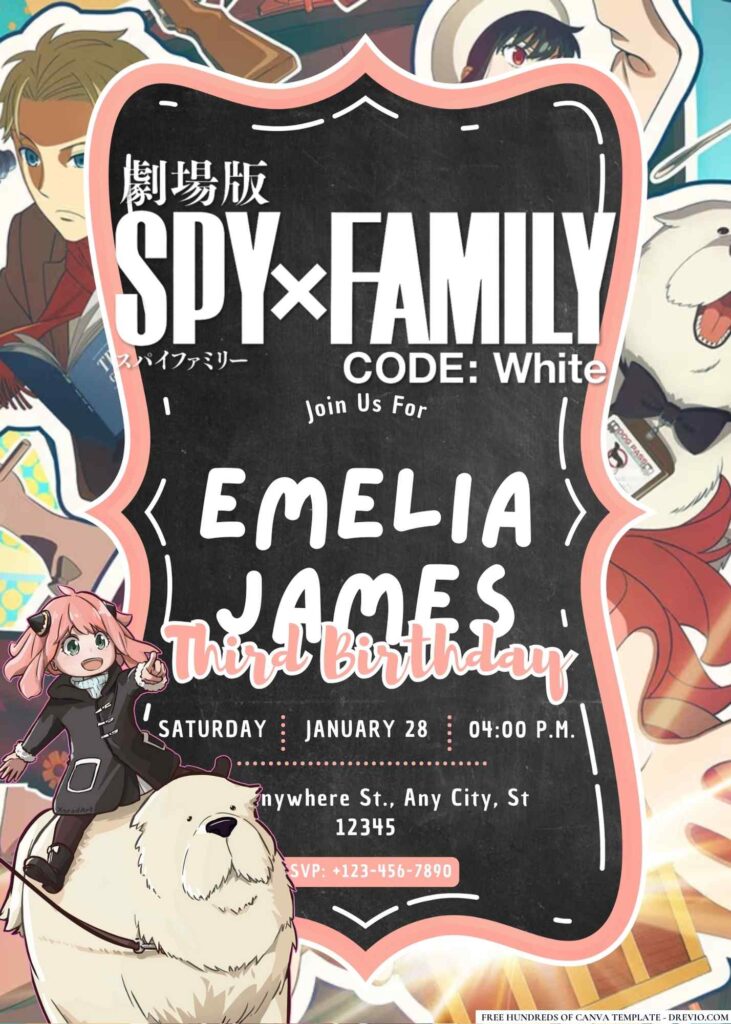 FREE Editable Spy x Family Code: White Birthday Invitation