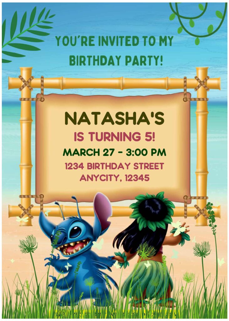 (Free Editable PDF) Hawaiian Lilo & Stitch Birthday Invitation Templates A