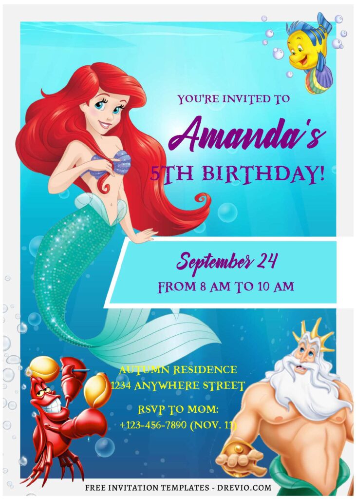 (Free Editable PDF) Cute The Little Mermaid Birthday Invitation Templates D