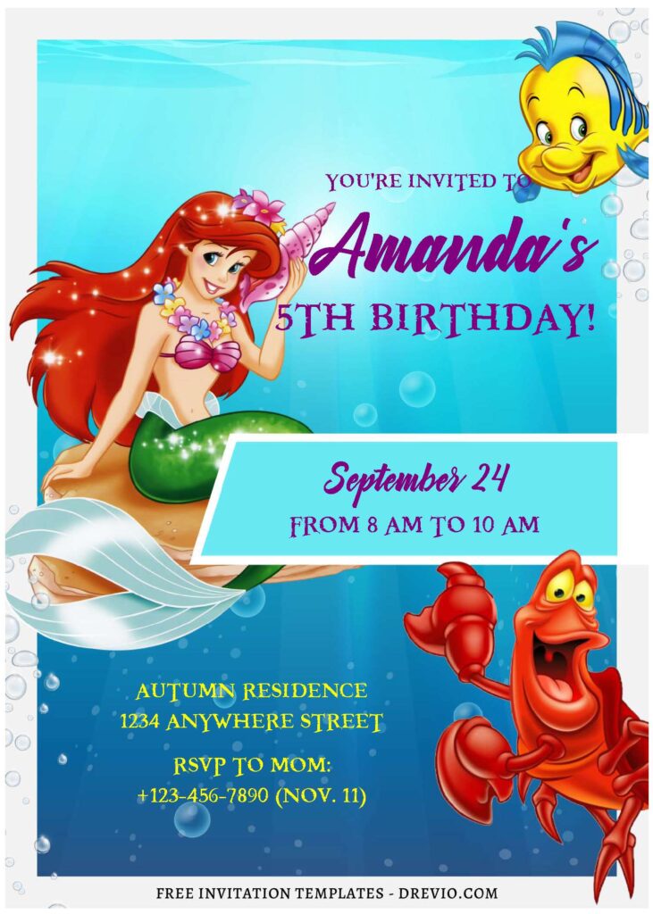 (Free Editable PDF) Cute The Little Mermaid Birthday Invitation Templates E