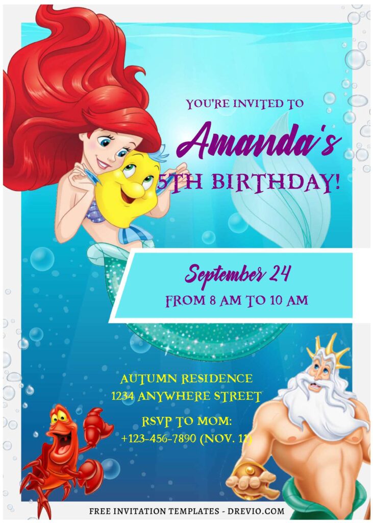 (Free Editable PDF) Cute The Little Mermaid Birthday Invitation Templates F