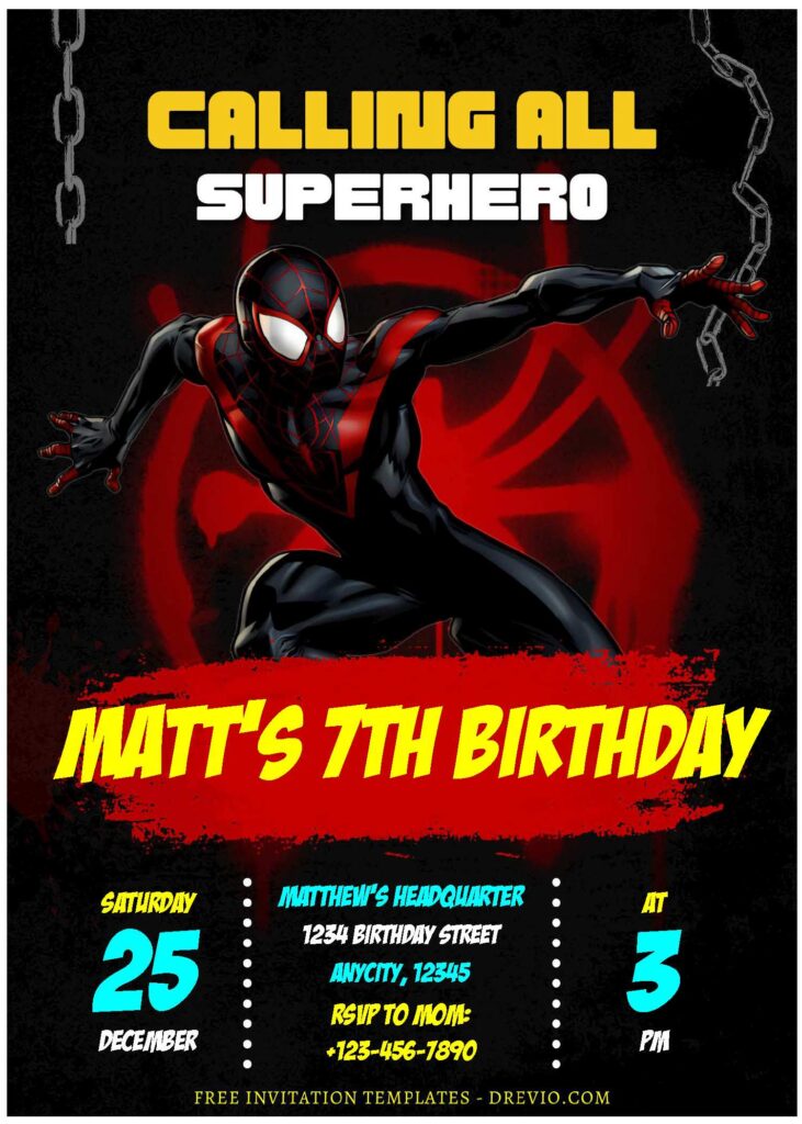 (Free Editable PDF) Spiderman Miles Morales Birthday Invitation Templates J