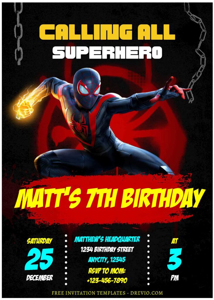 (Free Editable PDF) Spiderman Miles Morales Birthday Invitation Templates B