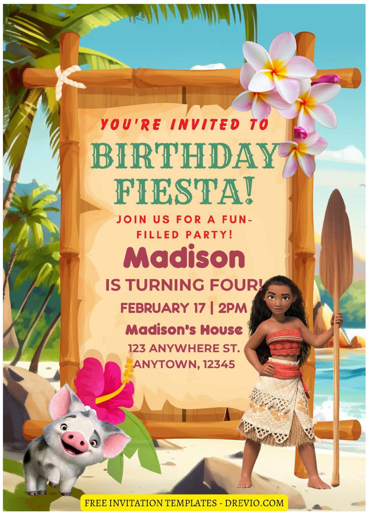 (Free Editable PDF) Fun Summer Moana Birthday Invitation Templates B ...