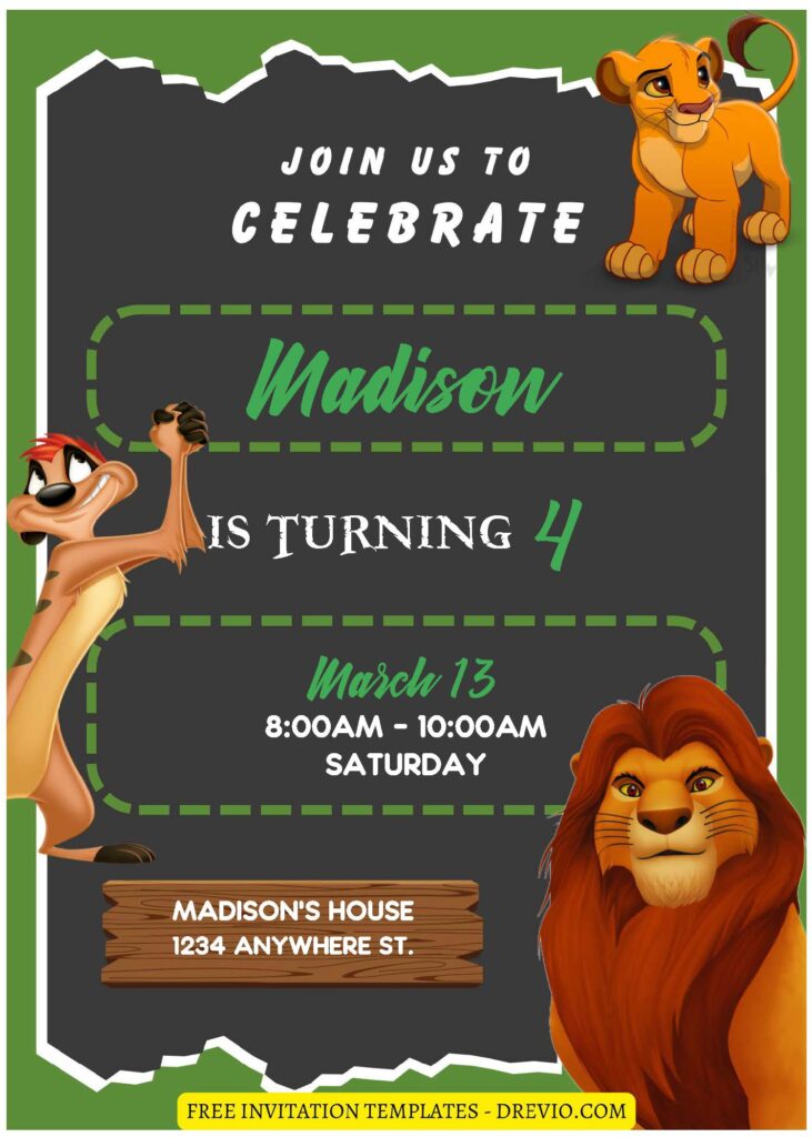 (Free Editable PDF) Cute Disney Lion King Birthday Invitation Templates D