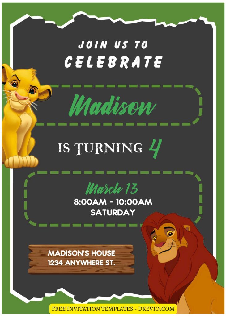 (Free Editable PDF) Cute Disney Lion King Birthday Invitation Templates F