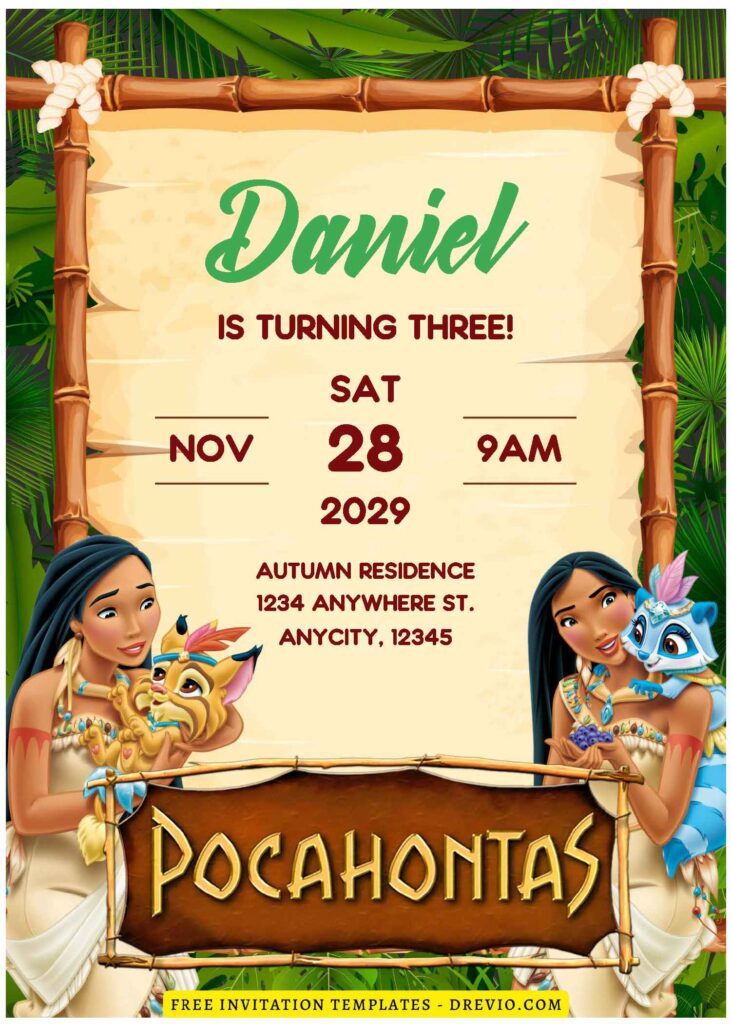 (Free Editable PDF) Disney Pocahontas Birthday Invitation Templates J