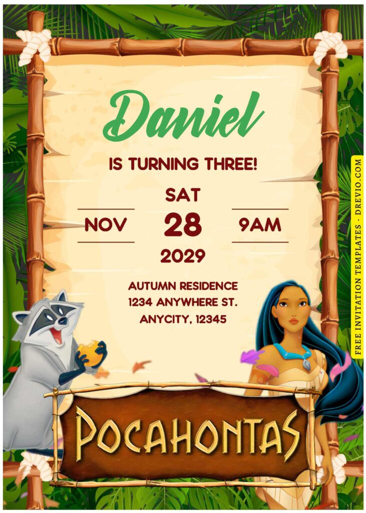 (Free Editable PDF) Disney Pocahontas Birthday Invitation Templates A