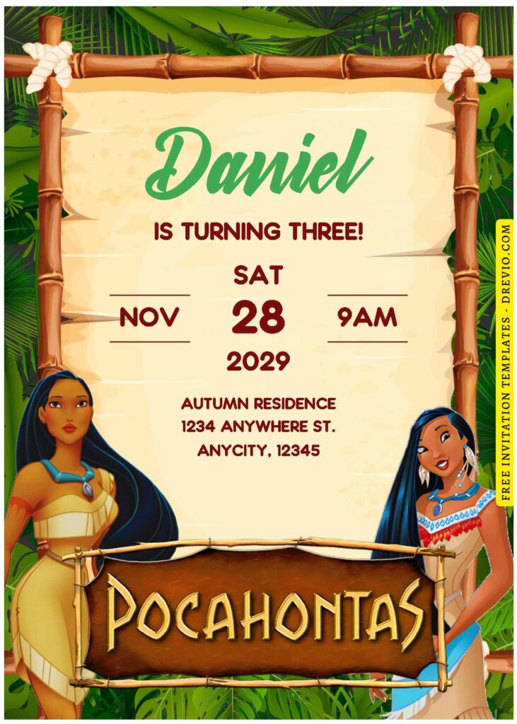 (Free Editable PDF) Disney Pocahontas Birthday Invitation Templates B