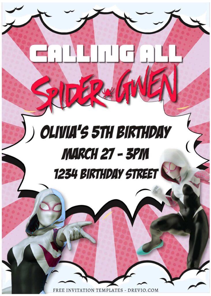 (Free Editable PDF) Spider Gwen Stacy Birthday Invitation Templates D