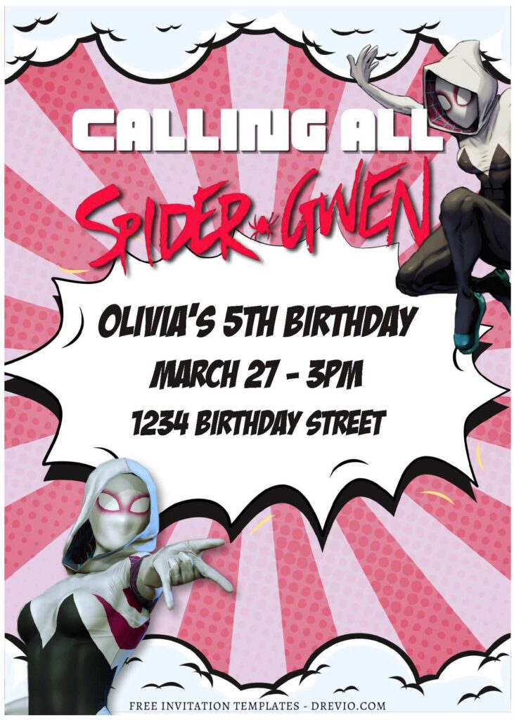 (Free Editable PDF) Spider Gwen Stacy Birthday Invitation Templates E