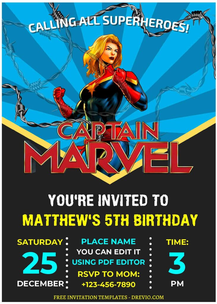 (Free Editable PDF) Captain Marvel Comic Birthday Invitation Templates I