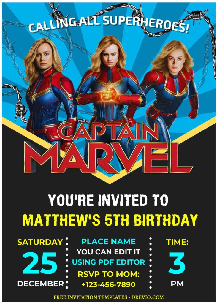 (Free Editable PDF) Captain Marvel Comic Birthday Invitation Templates A