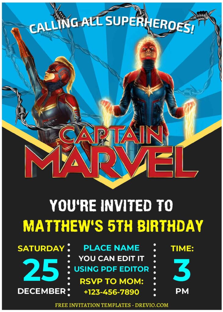 (Free Editable PDF) Captain Marvel Comic Birthday Invitation Templates B