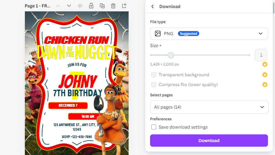 how to edit chicken run birthday invitations