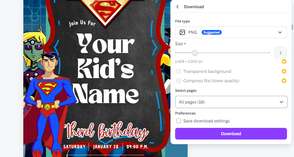 how to edit justice league birthday invitation