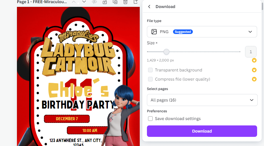 how to edit miraculous ladybug birthday invitations