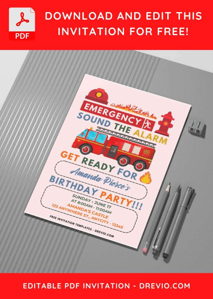 (Easily Edit PDF Invitation) Cute Firefighter Birthday Invitation Templates G