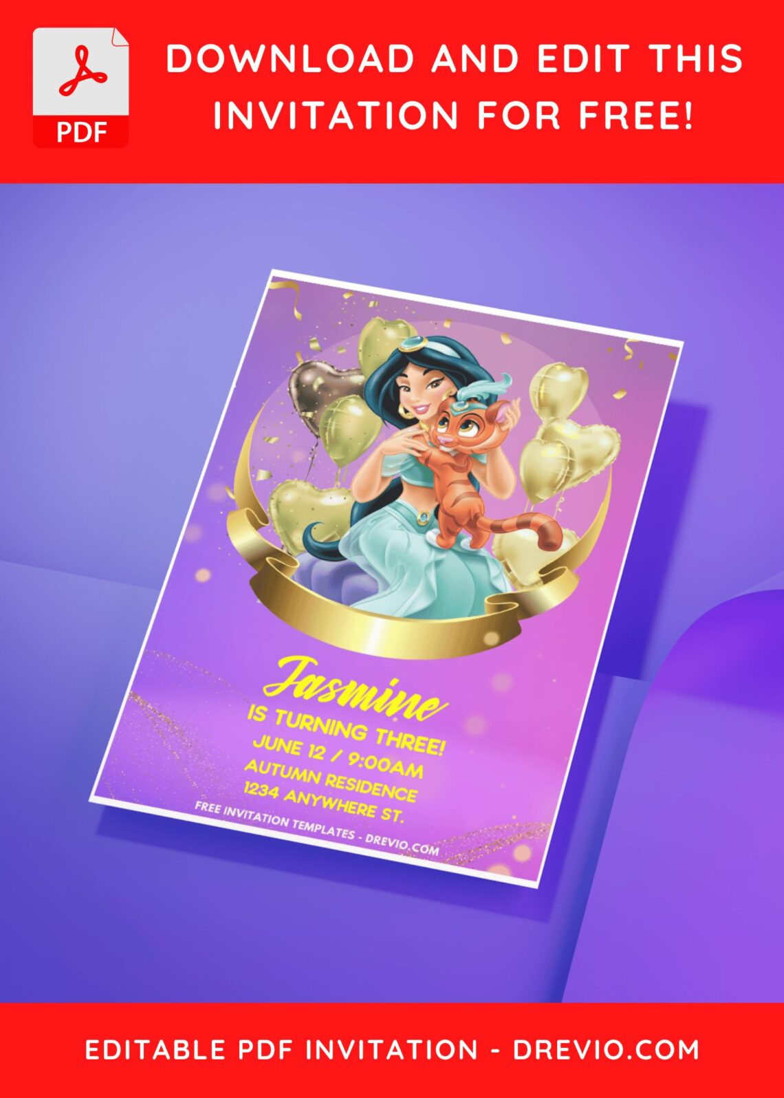 (Easily Edit PDF Invitation) Disney Jasmine Birthday Invitation Templates