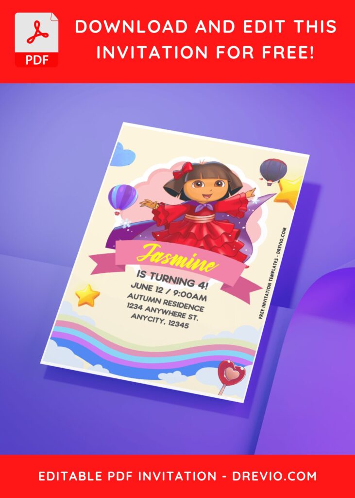 (Easily Edit PDF Invitation) Fun Dora Adventure Birthday Invitation B