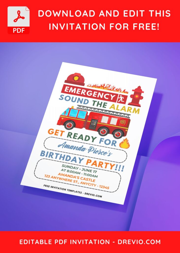 (Easily Edit PDF Invitation) Cute Firefighter Birthday Invitation Templates H