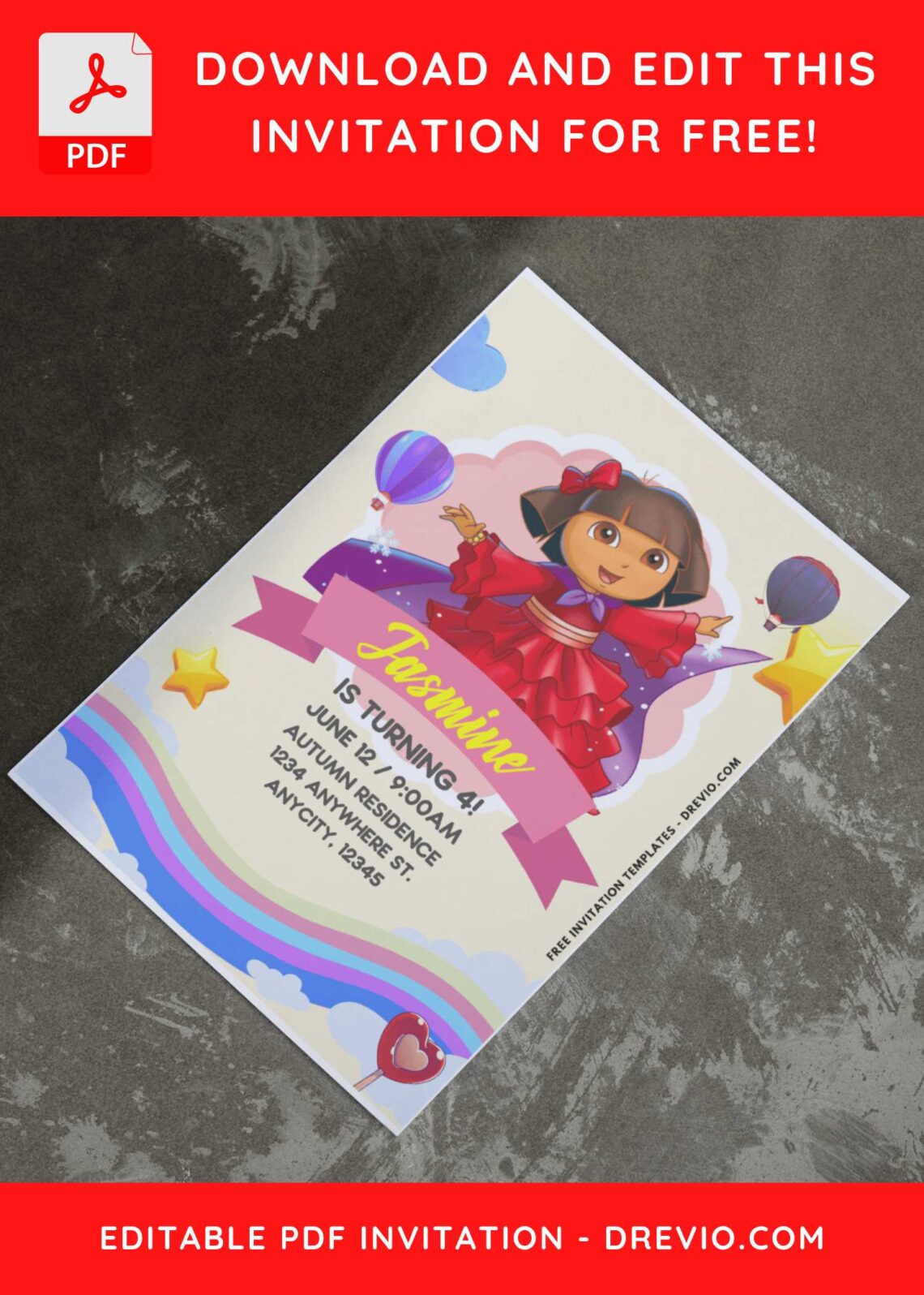 (Easily Edit PDF Invitation) Fun Dora Adventure Birthday Invitation C