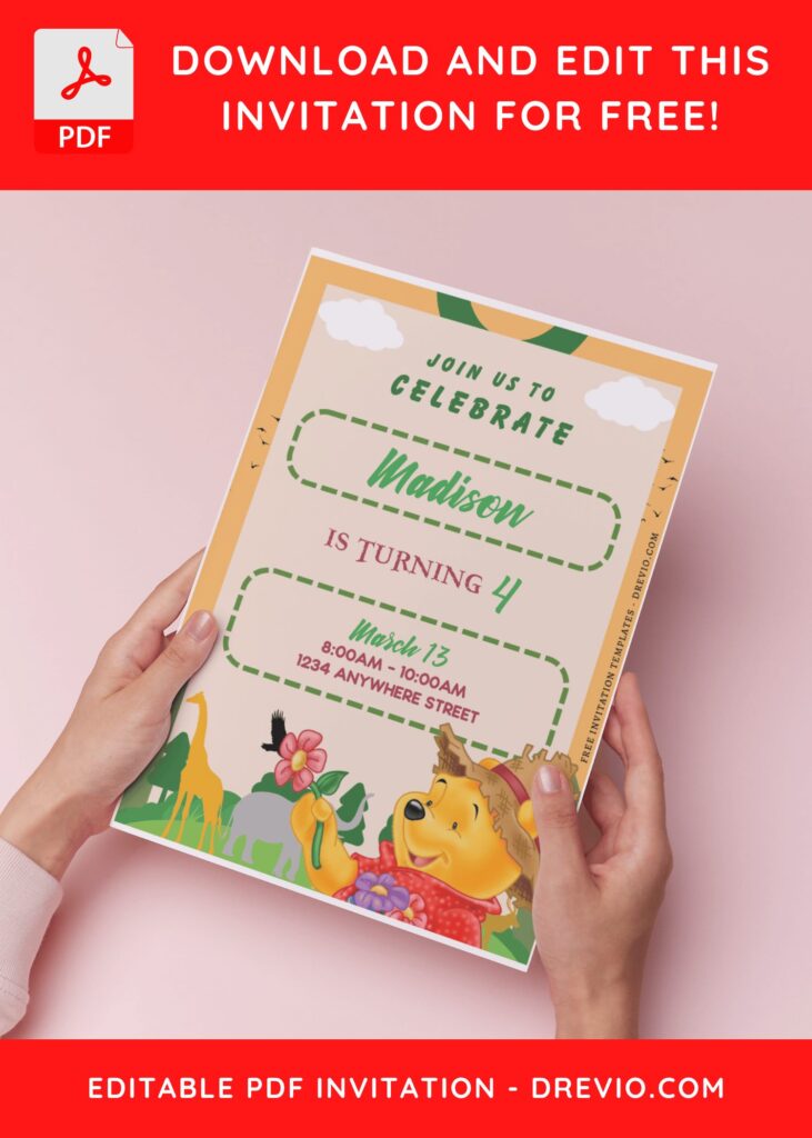 (Free Editable PDF) Adorable Pooh & Friends Birthday Invitation Templates B